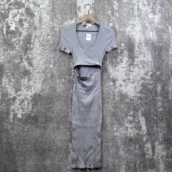 New Free People Dress Small Women FP Beach Gray Ribbed Cut Off Wrap Bodycon Maxi - Picture 1 of 9